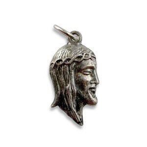 Vintage Jesus Christ Crown of Thorns Silvertone Medal Charm Pendant Italy